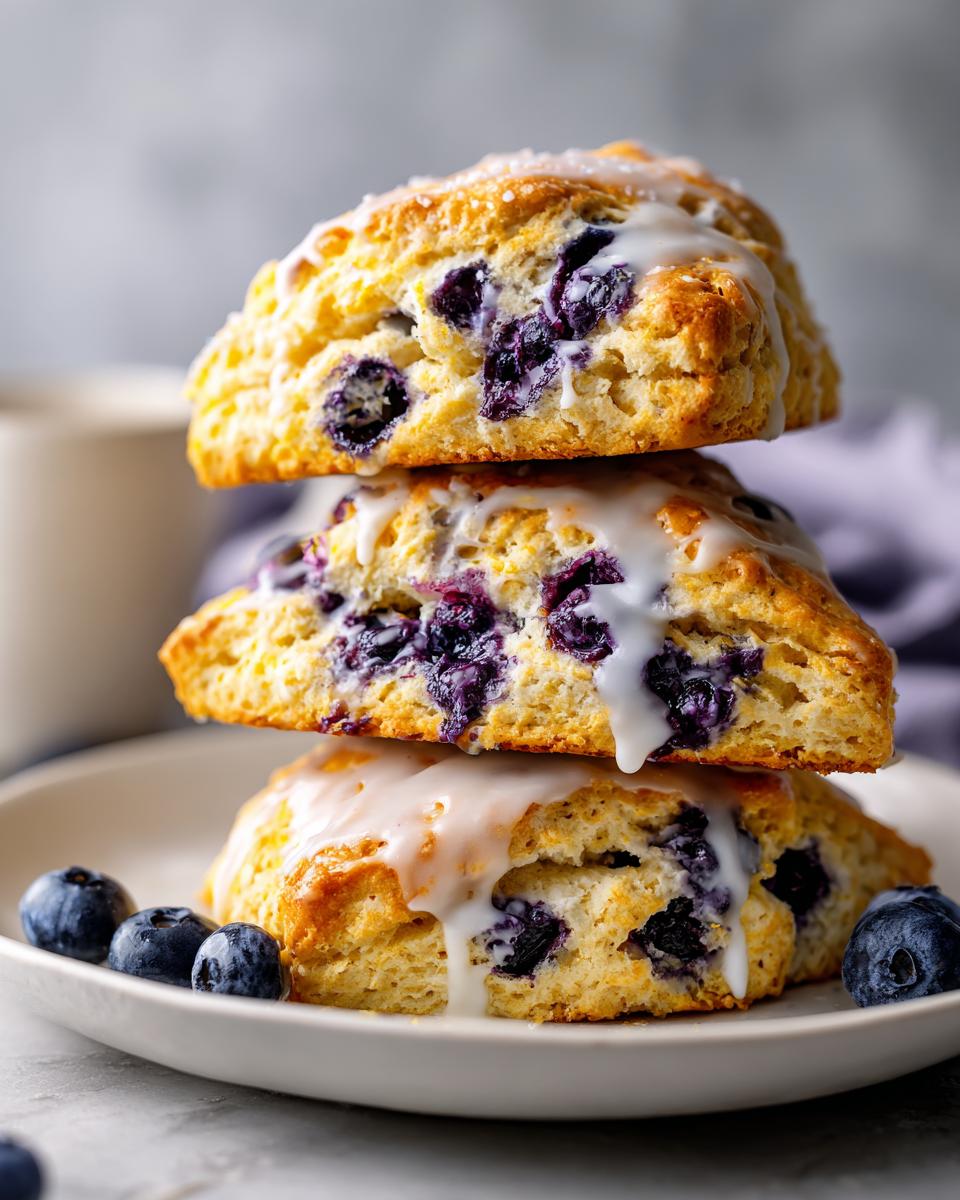 A stack of three bakery style blueberry scones drizzled with white glaze, served on a plate with fresh blueberries.