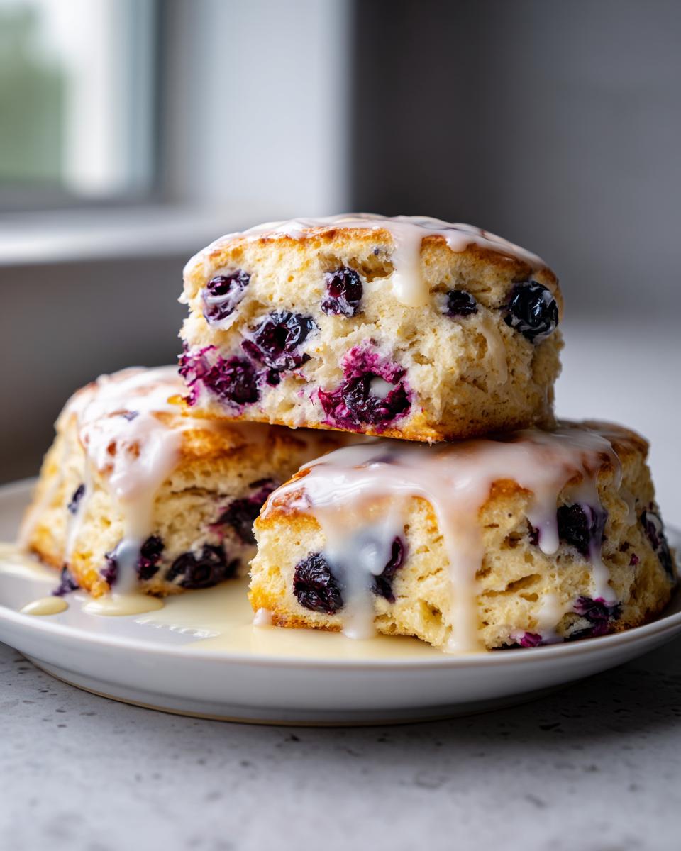 Three bakery style blueberry scones stacked on a plate, generously drizzled with white vanilla glaze.
