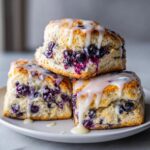 Three stacked, square blueberry scones generously drizzled with a thick white glaze.