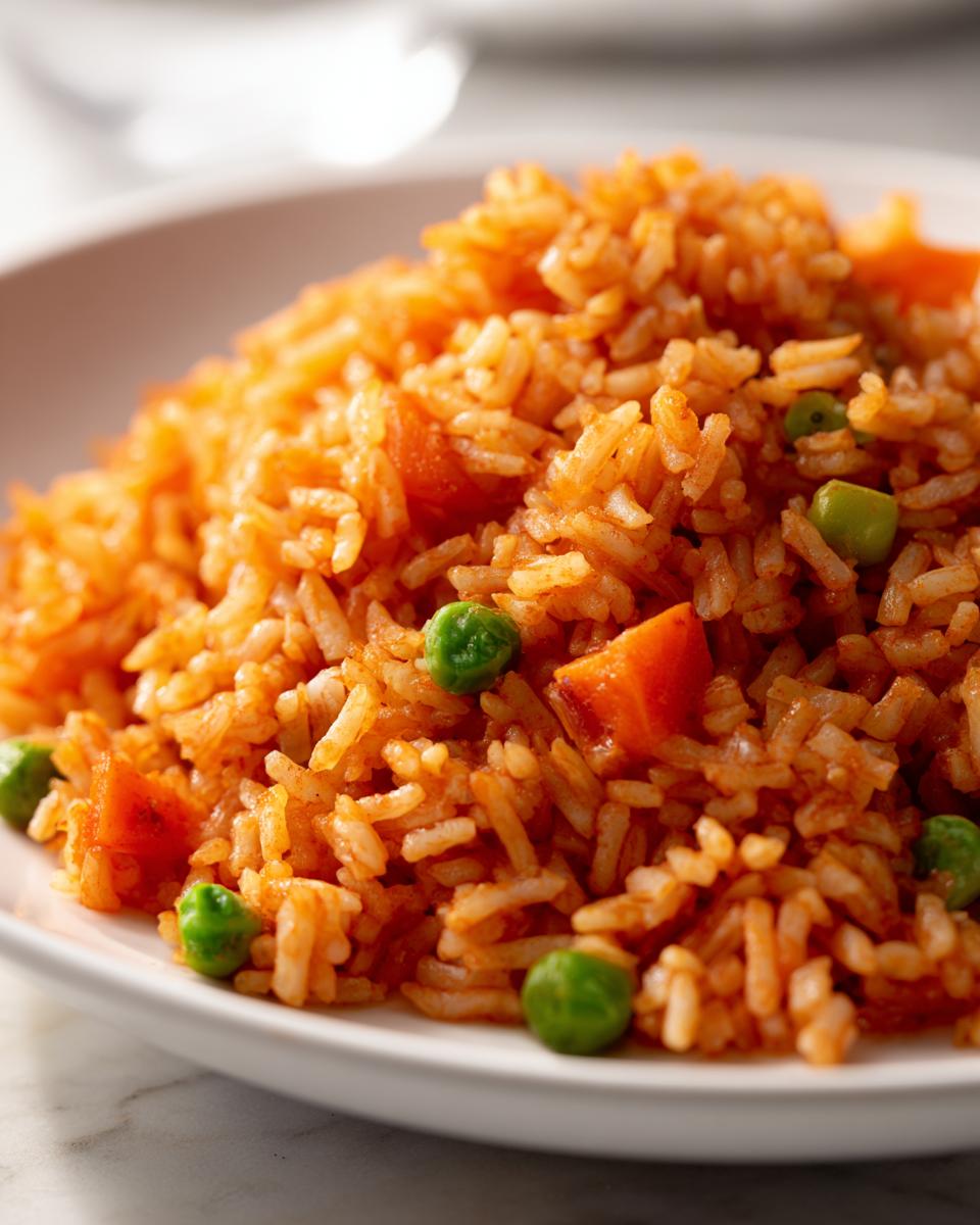 A close-up view of a white bowl filled with vibrant, orange-red Spanish rice mixed with bright green peas and diced carrots.