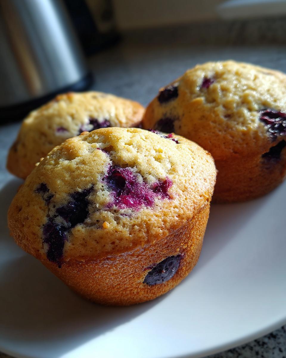 Close-up of three freshly baked blueberry protein muffins with golden brown tops sitting on a white plate.
