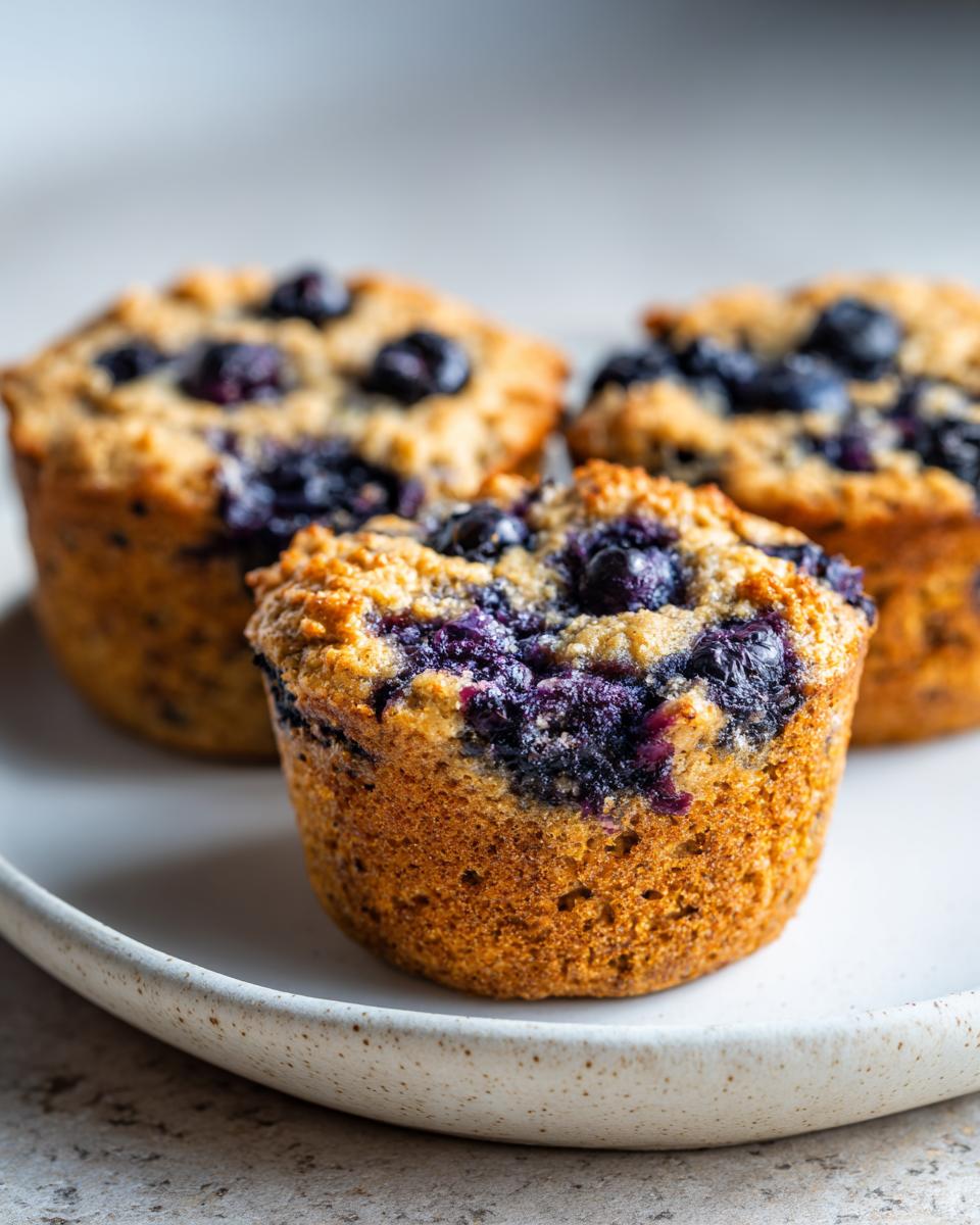 Close-up of a golden-brown blueberry protein muffins with burst blueberries on top, served on a speckled white plate.