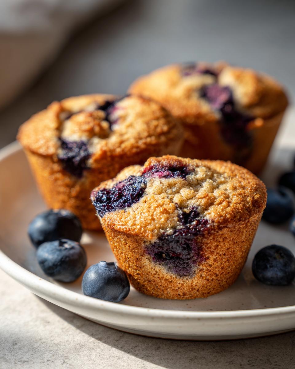 Three golden-brown blueberry protein muffins served on a light plate with fresh blueberries scattered around.