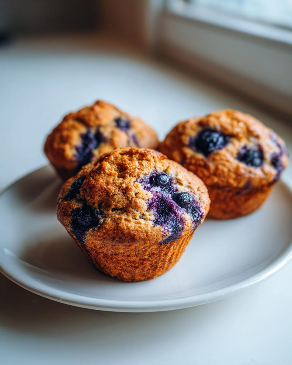 Three freshly baked blueberry protein muffins sitting on a white plate near a window.