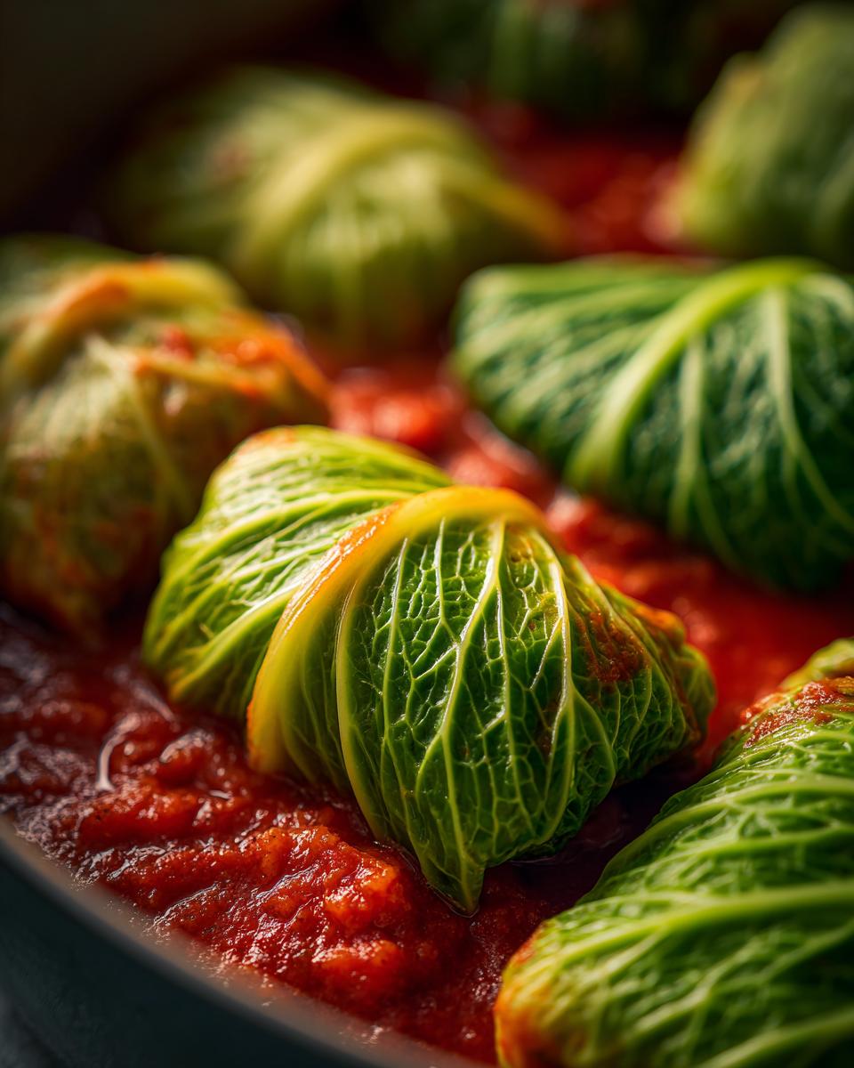 Close-up of fresh cabbage rolls nestled in a rich, red tomato sauce, ready to cook.