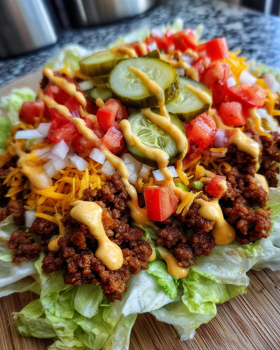 A close-up view of a delicious cheeseburger bowl featuring seasoned ground beef, shredded cheese, diced tomatoes, onions, pickles, and a special sauce drizzle over lettuce.