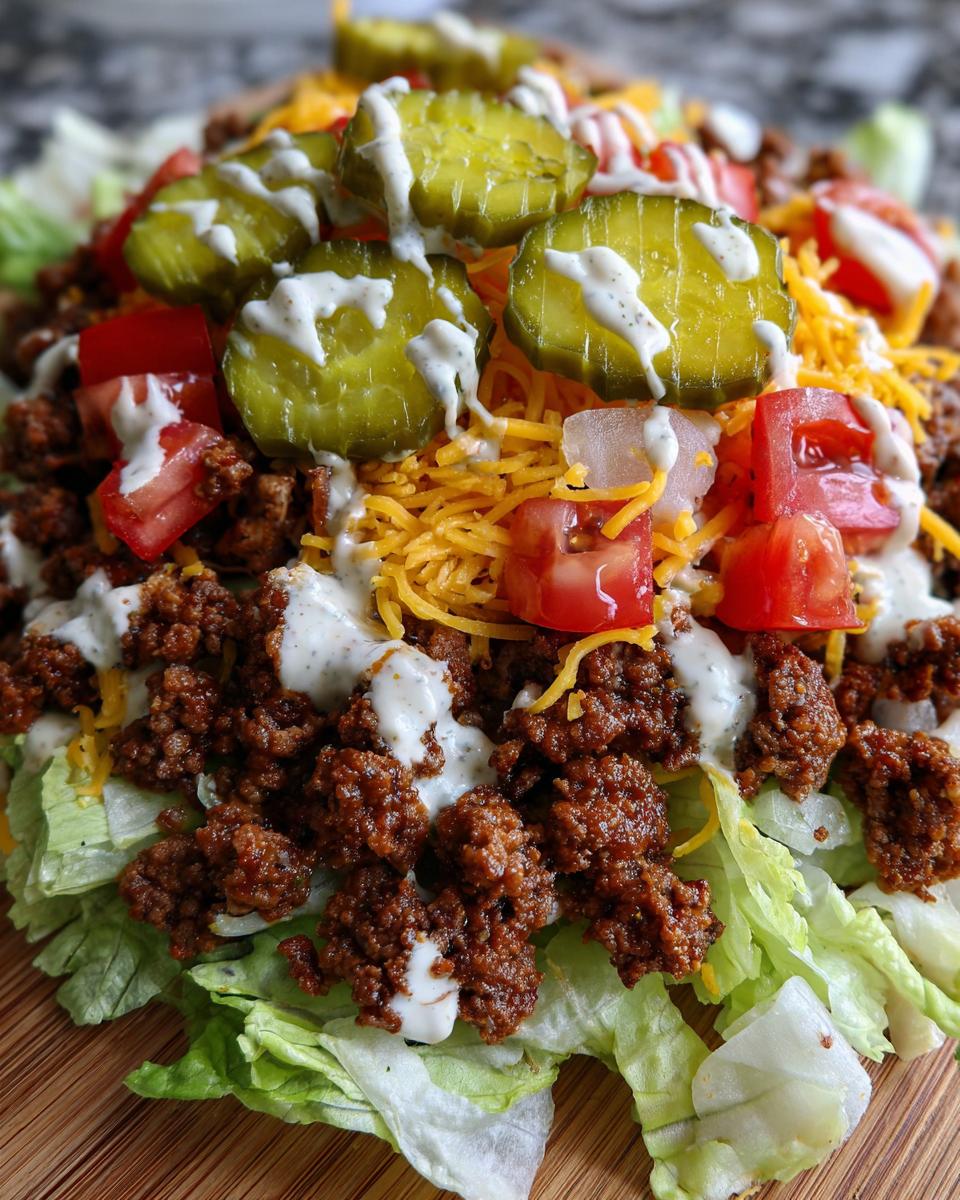 Close-up of a delicious cheeseburger bowl featuring seasoned ground beef, shredded cheese, pickles, and sauce over lettuce.