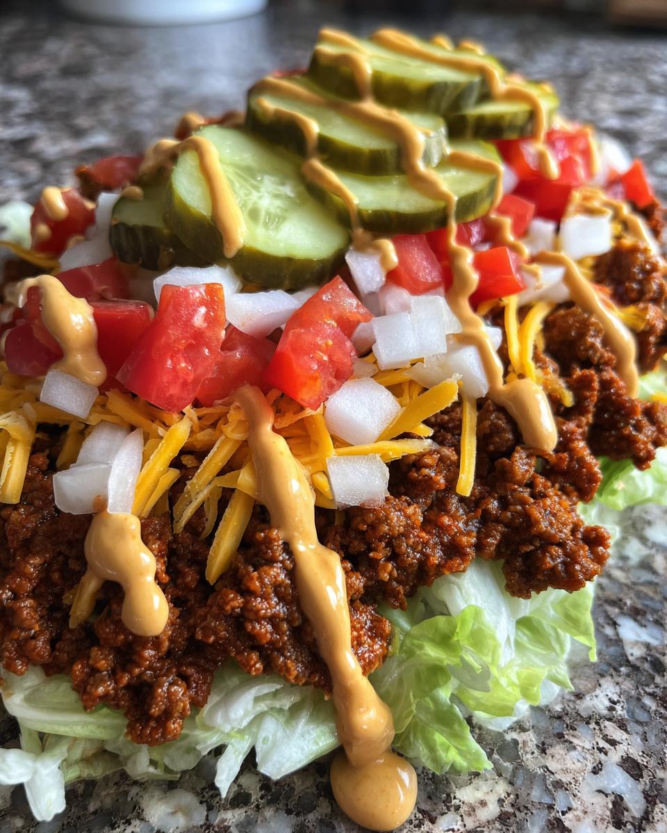 A close-up view of a delicious cheeseburger bowl featuring seasoned ground beef, shredded cheese, diced tomatoes, onions, pickles, and a drizzle of sauce over lettuce.