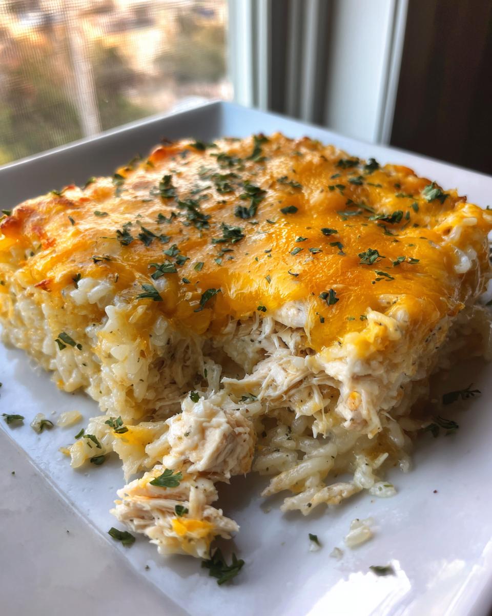 A square serving of cheesy chicken and rice, topped with melted cheddar and parsley.