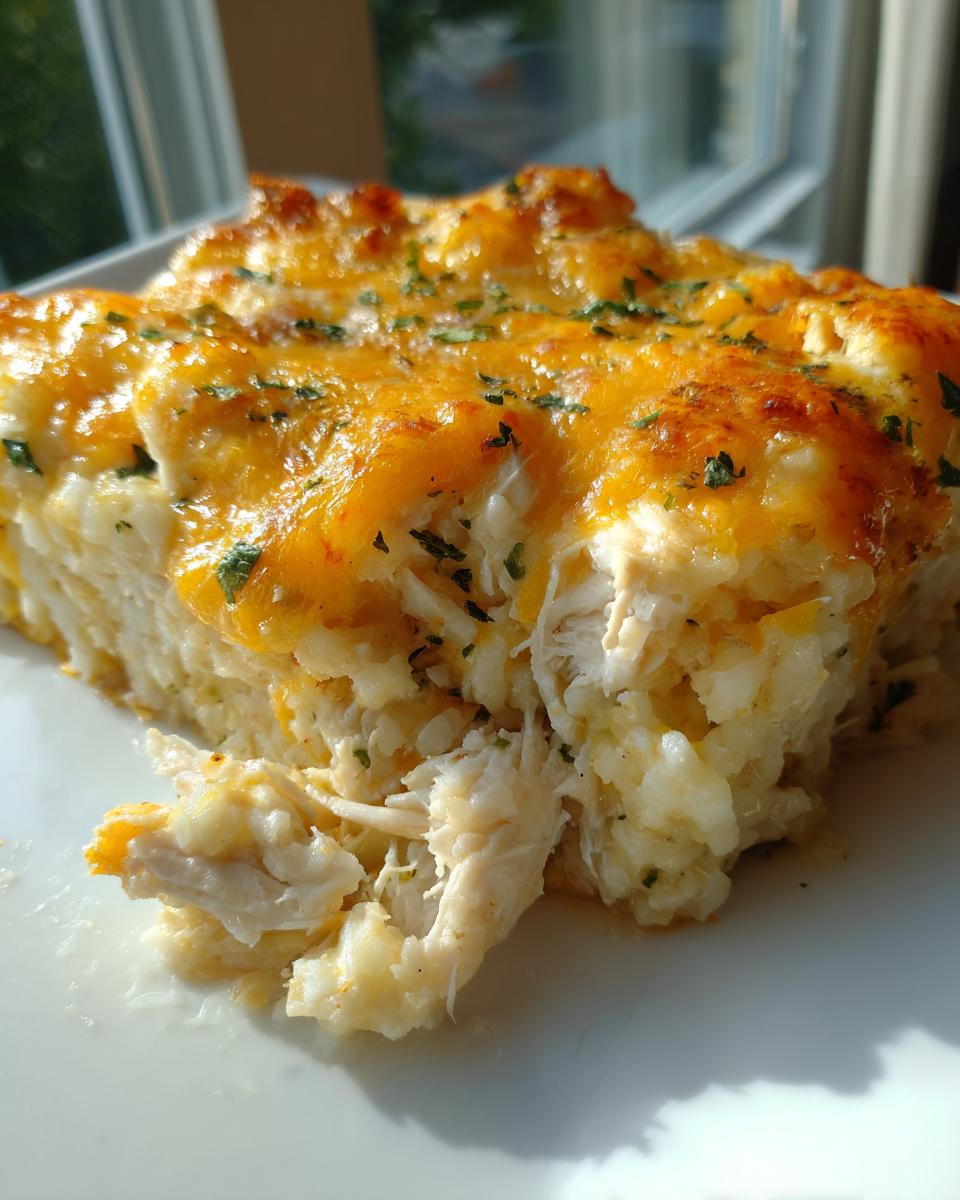Close-up of a serving of cheesy chicken and rice, showing shredded chicken mixed with rice and topped with melted cheddar cheese.
