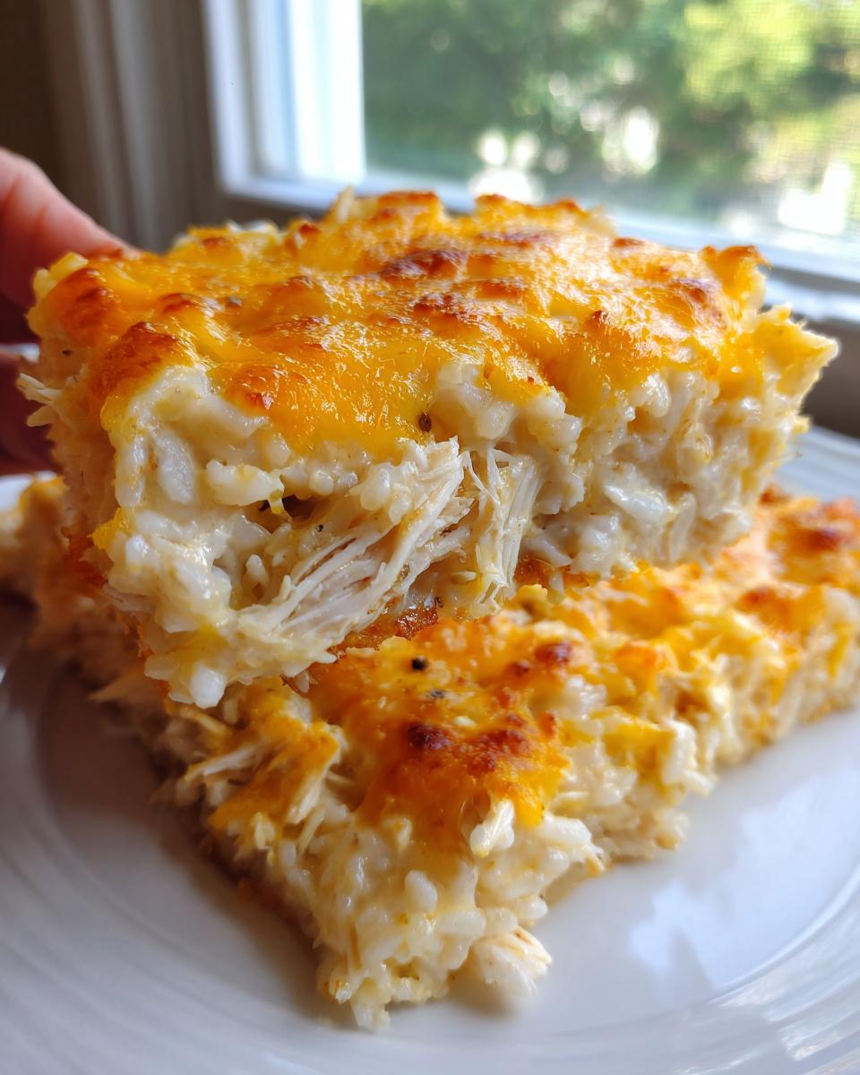 A hand lifts a square portion of cheesy chicken and rice casserole, showing shredded chicken mixed with creamy rice and a melted cheddar topping.