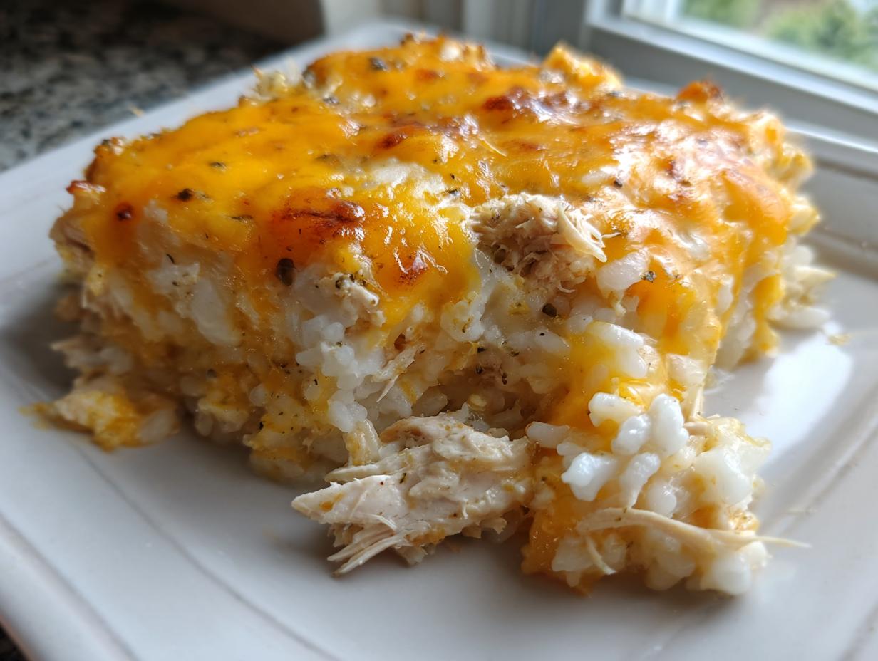 Close-up of a serving of cheesy chicken and rice, topped with melted cheddar cheese.