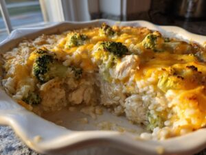 Close-up of a baked chicken broccoli rice casserole in a white dish, showing creamy rice, chicken pieces, and melted cheddar cheese topping.