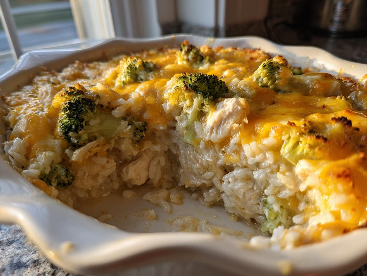 Close-up of a baked chicken broccoli rice casserole in a white dish, showing creamy rice, chicken pieces, and melted cheddar cheese topping.