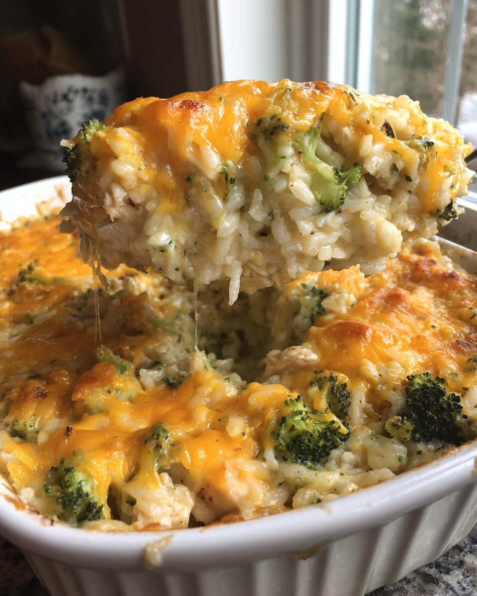A spoonful of creamy chicken broccoli rice casserole topped with melted cheddar cheese being lifted from the baking dish.