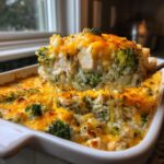 A spoonful of creamy chicken broccoli rice casserole topped with melted cheddar cheese being lifted from a white baking dish.