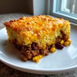 A hearty slice of cowboy cornbread casserole with a cheesy top layer over a savory ground meat, corn, and bean filling.