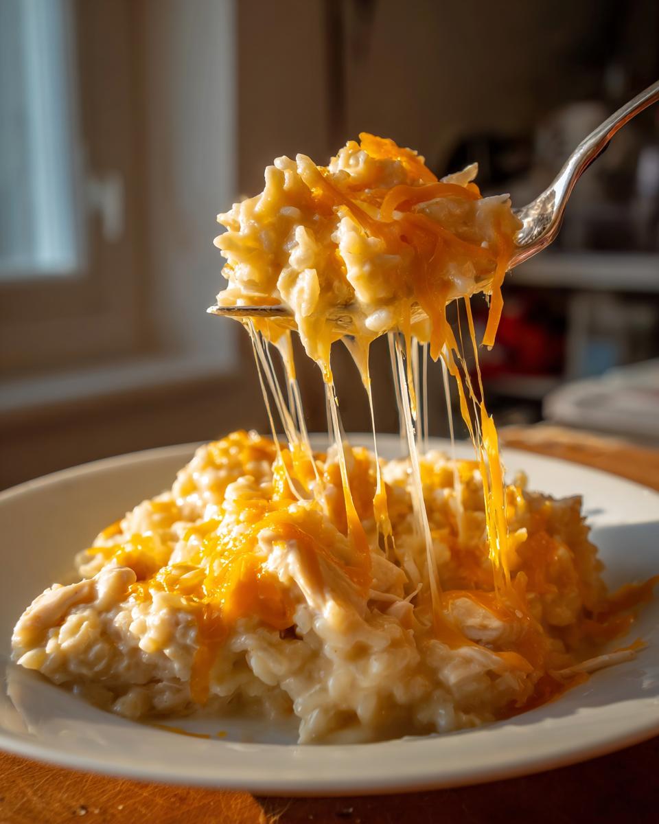 A spoonful of creamy crock pot chicken and rice topped with melted cheddar cheese showing a dramatic cheese pull.