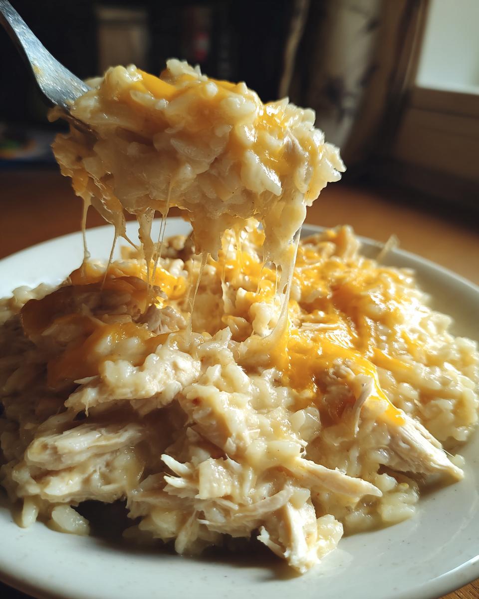 A fork lifts a cheesy, creamy serving of crock pot chicken and rice, showing melted cheese strings.