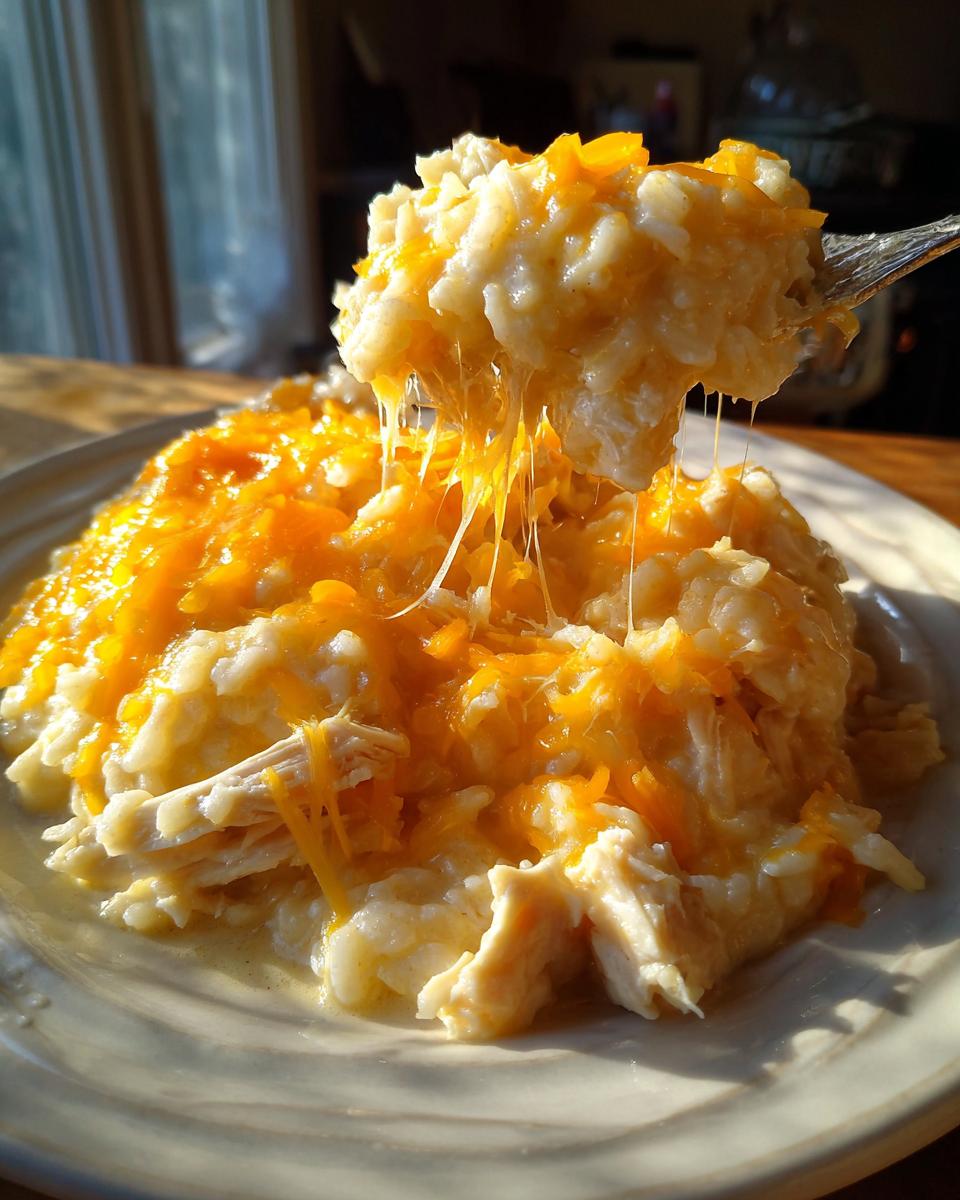 A spoonful of creamy crock pot chicken and rice topped with melted cheddar cheese creating a dramatic cheese pull.