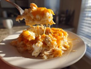A fork lifts a cheesy bite of crock pot chicken and rice, showing melted cheese strings stretching down to the main serving.