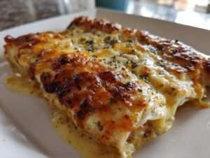 Close-up of baked green chile chicken enchiladas covered in melted, bubbly cheese and green sauce.
