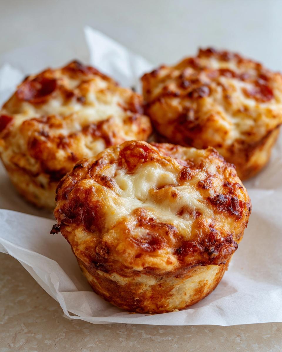 Three freshly baked pizza muffins with melted, browned cheese on top, ready for lunchboxes.