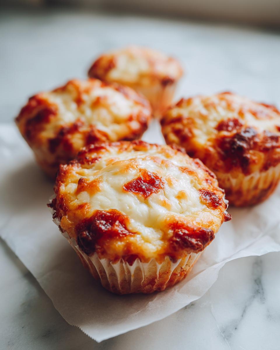 Four golden-brown pizza muffins topped with melted, bubbly cheese, ready for lunchboxes.