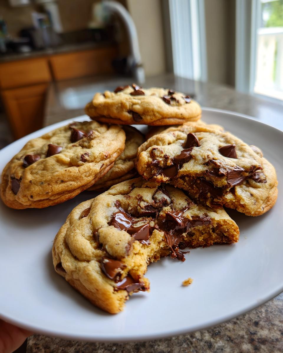 A stack of freshly baked chewy chocolate chip cookies, one broken open revealing melted chocolate.