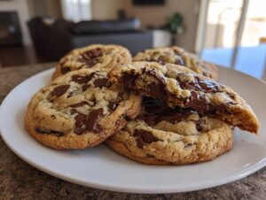 A stack of freshly baked chewy chocolate chip cookies on a white plate, one broken open showing gooey melted chocolate.