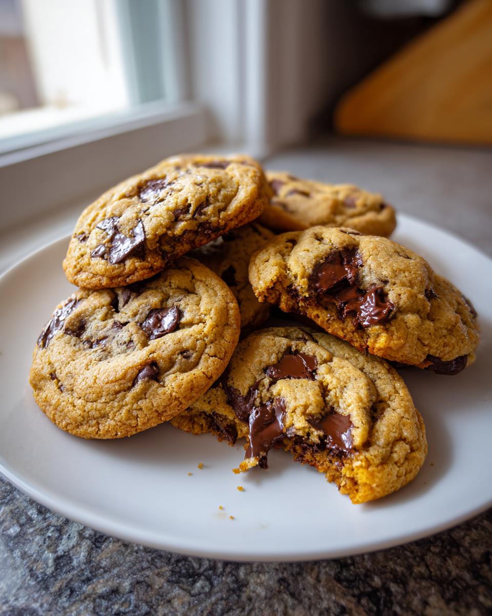 A pile of freshly baked chewy chocolate chip cookies on a white plate, one cookie is broken open showing gooey melted chocolate.