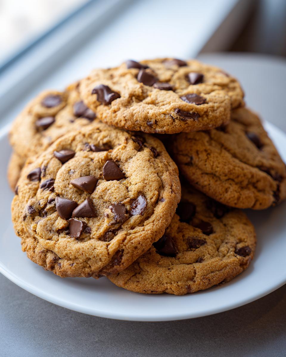 A close-up stack of freshly baked, golden brown chewy chocolate chip cookies piled on a white plate.