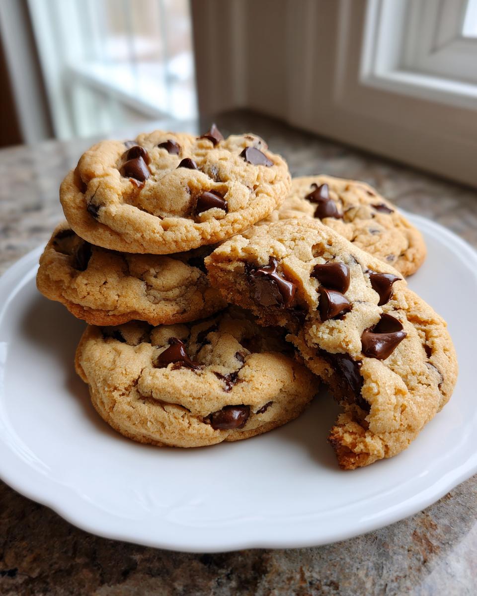 A stack of freshly baked chewy chocolate chip cookies, one broken open to show melted chocolate.