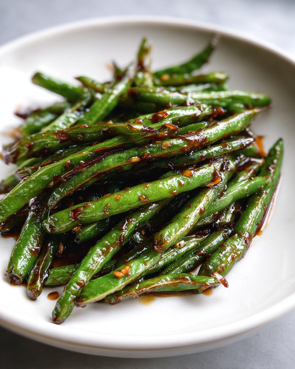 Close-up of bright green beans coated in a glossy, dark garlic sauce, ready to serve.