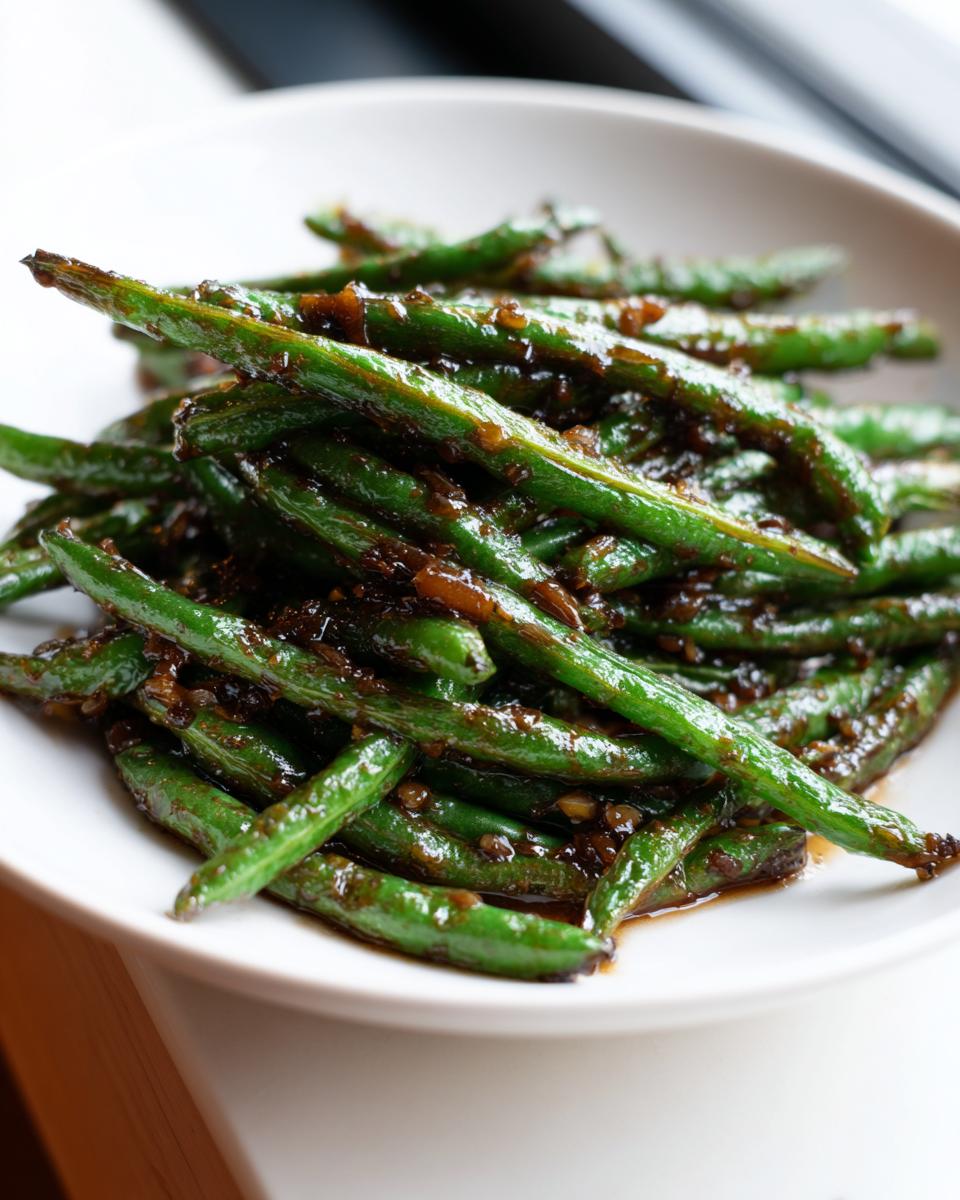 A close-up of vibrant green beans coated in a savory brown garlic sauce, ready to serve.
