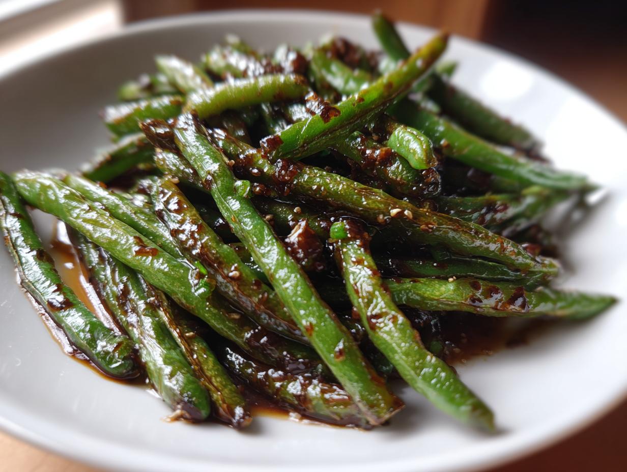 A close-up of vibrant green beans coated in a glossy, dark garlic sauce, ready to serve.