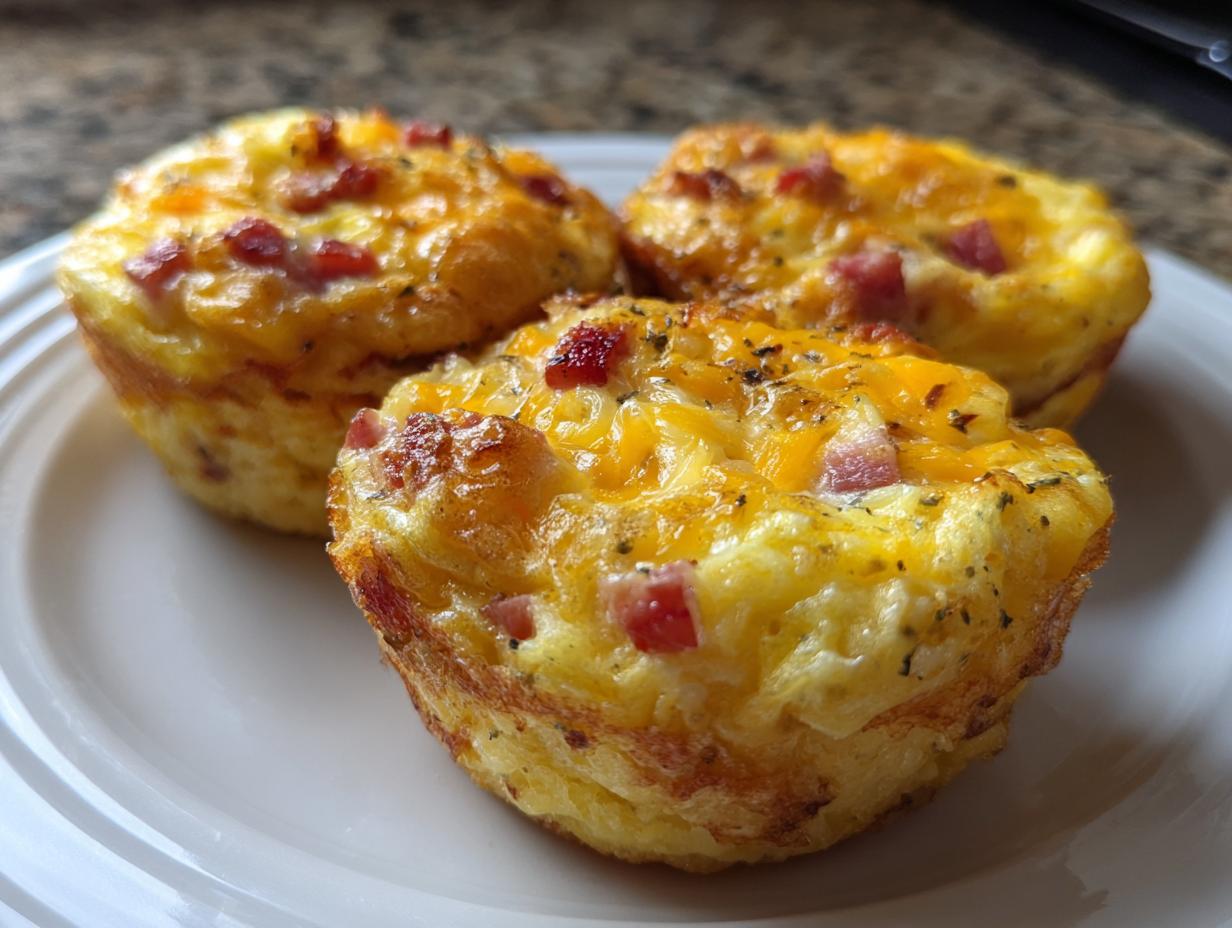 Three freshly baked cottage cheese egg cups starbucks style, topped with melted cheddar cheese and bits of bacon.