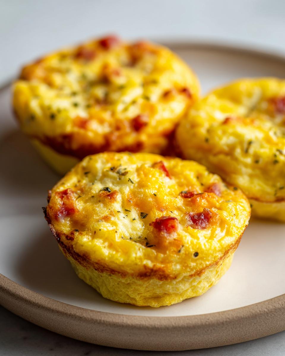 Three golden baked cottage cheese egg cups starbucks style on a light plate, topped with melted cheese and herbs.