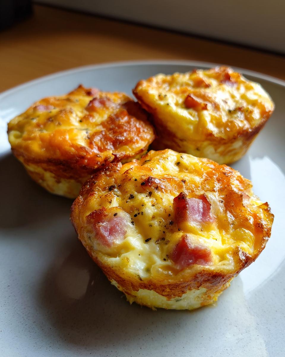 Three golden brown cottage cheese egg cups starbucks style, baked with visible chunks of ham and black pepper on top.