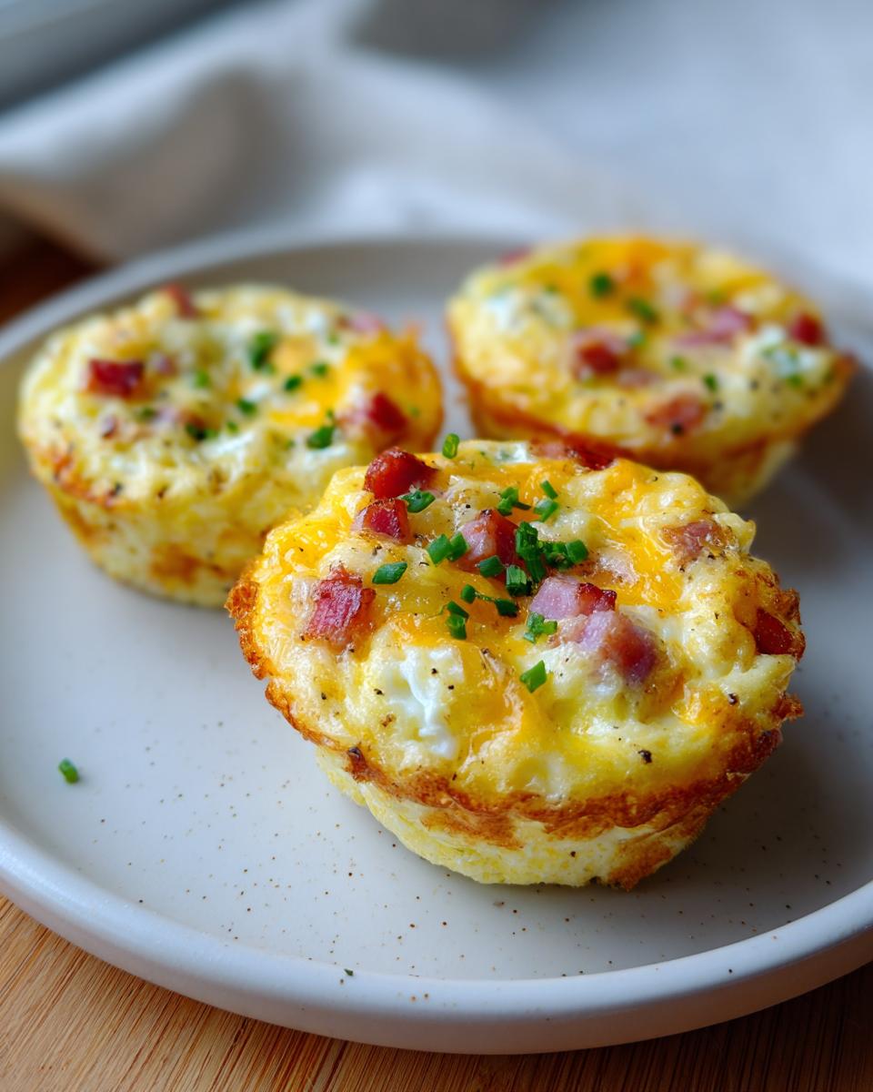 Three baked cottage cheese egg cups starbucks style topped with melted cheddar and chives on a speckled plate.