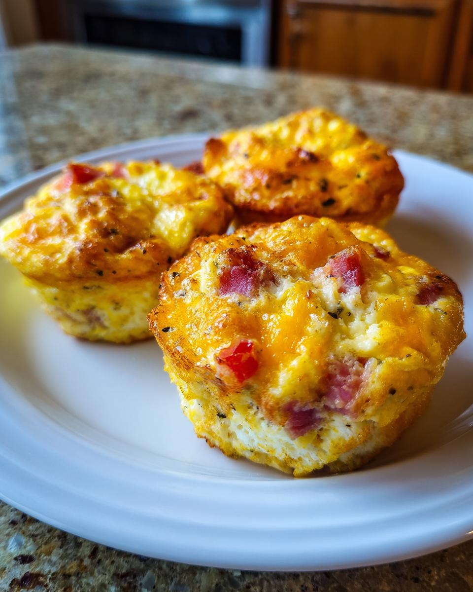 Three freshly baked cottage cheese egg cups starbucks style, featuring visible bits of ham and red pepper, served on a white plate.