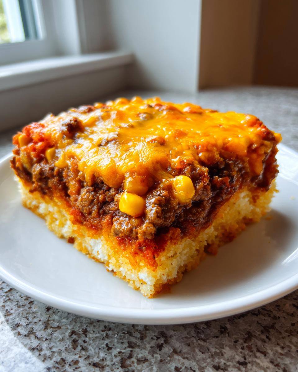 A square slice of cowboy cornbread casserole featuring a thick layer of seasoned ground beef, corn, and melted cheddar cheese on a white plate.