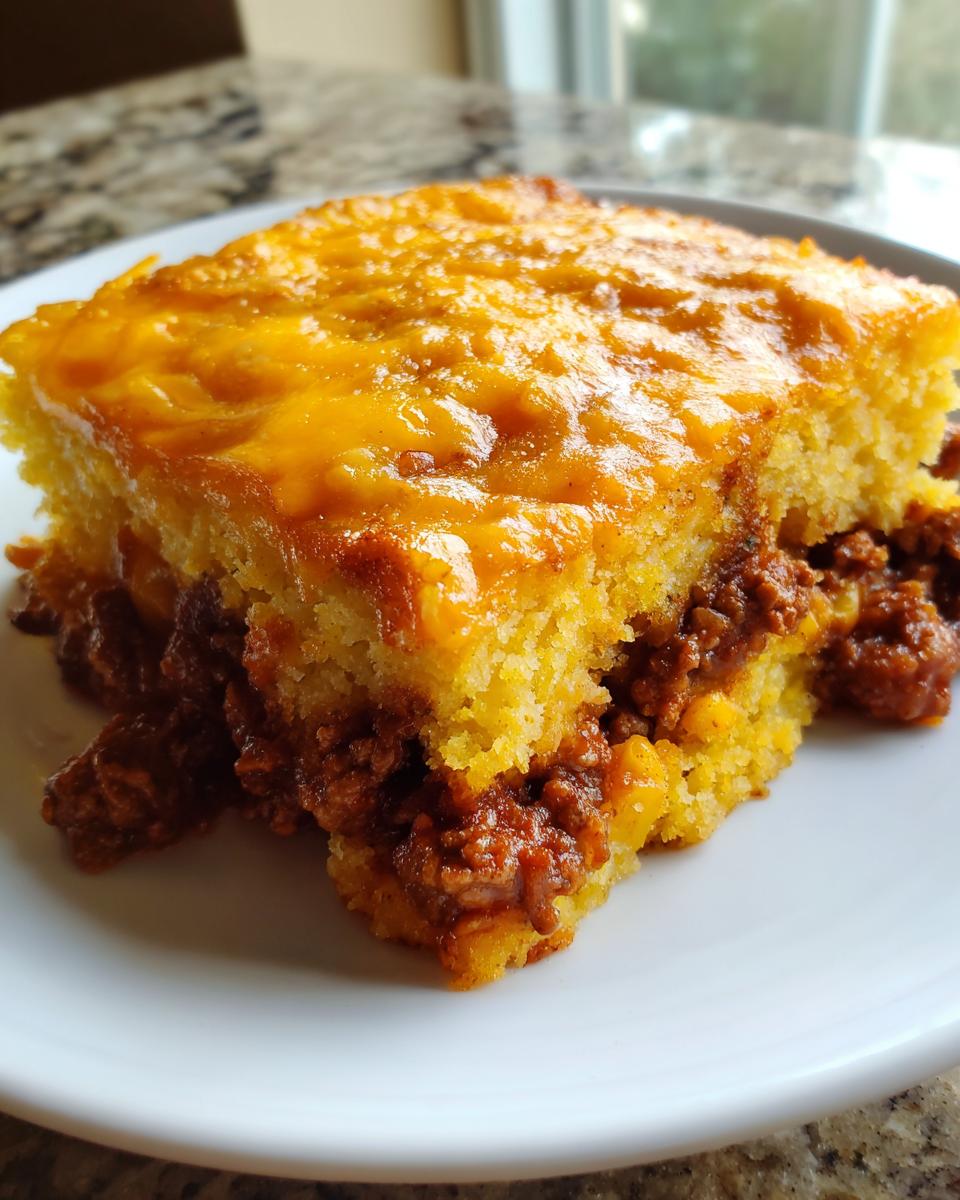 A close-up of a square slice of cowboy cornbread casserole featuring a thick layer of ground meat filling and a melted cheddar cheese top.