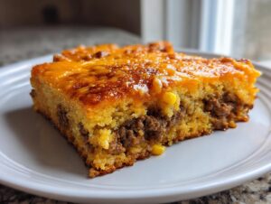 Close-up of a square slice of cowboy cornbread casserole with ground meat filling and melted cheddar cheese topping.