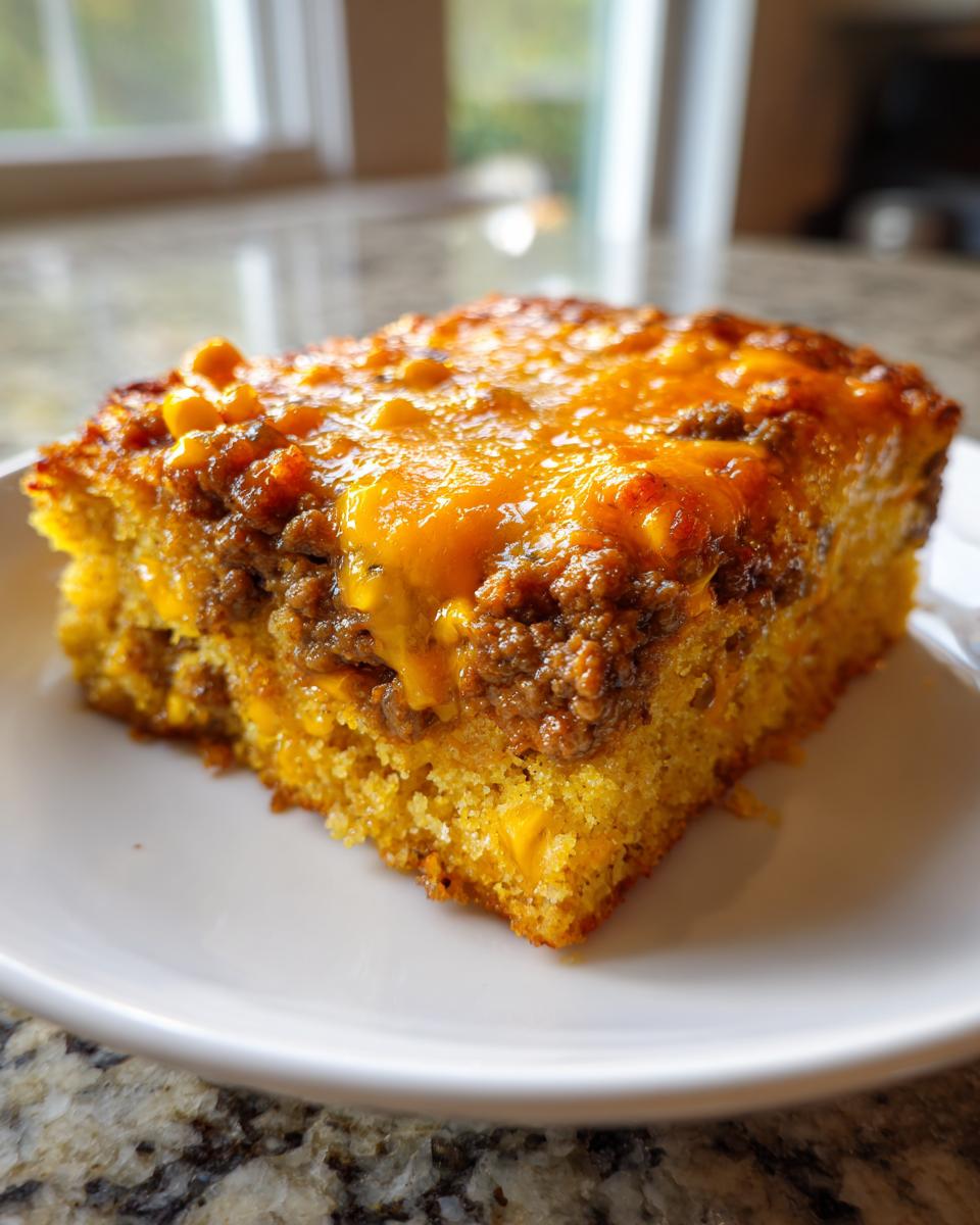 A square slice of cowboy cornbread casserole topped with seasoned ground beef and melted cheddar cheese.