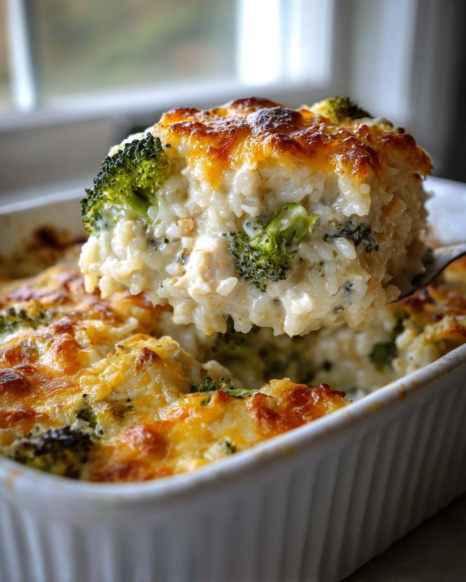A spoonful of creamy chicken broccoli rice casserole with a golden, bubbly cheese topping being lifted from the baking dish.