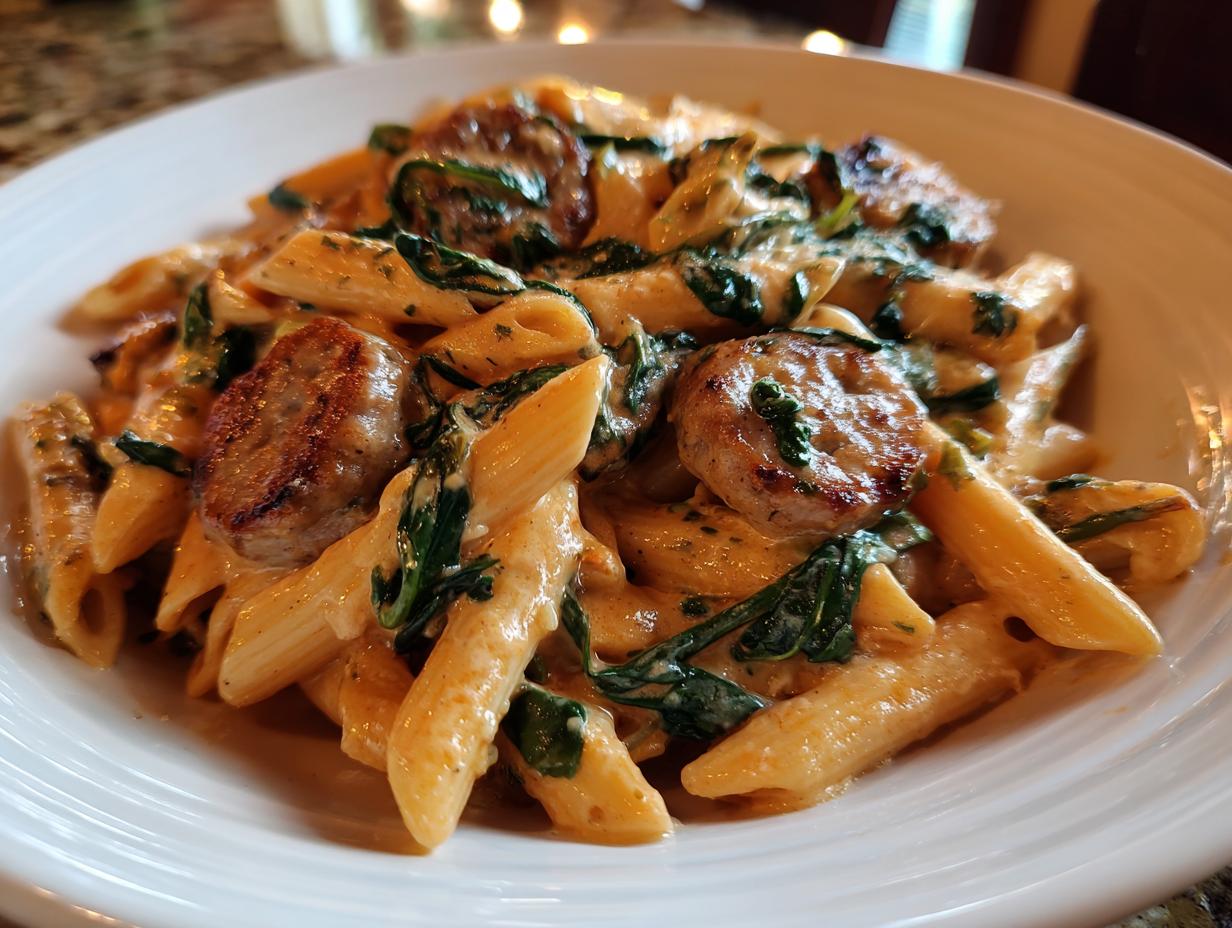 Close-up of creamy chicken sausage pasta with spinach served in a white bowl.