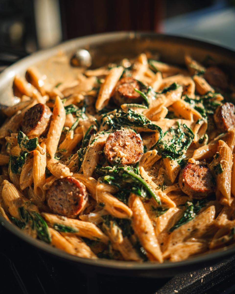 Close-up of creamy chicken sausage pasta with spinach being cooked in a stainless steel skillet.
