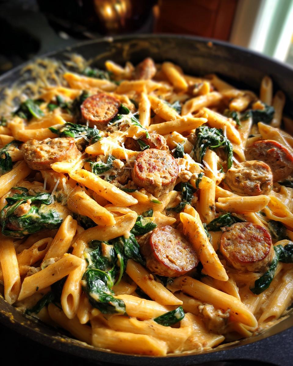 Close-up of creamy chicken sausage pasta with spinach and penne noodles in a skillet.