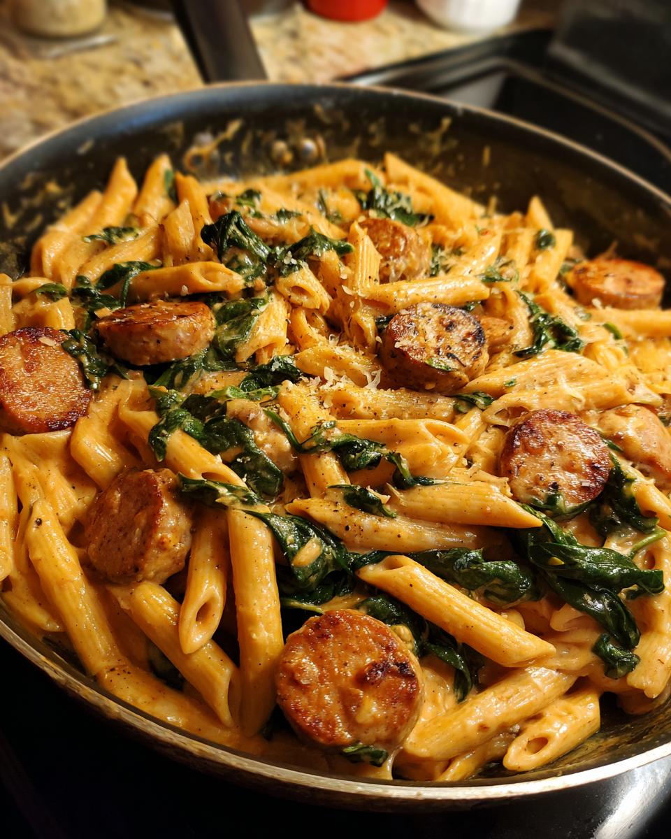 Close-up of creamy chicken sausage pasta with penne and wilted spinach in a black skillet.